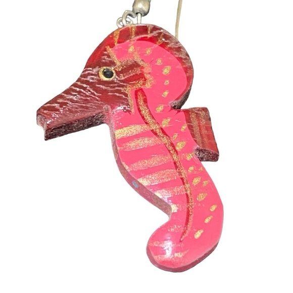 Pink Wooden Seahorse Earrings Dangle Drop Beach Coastal Summer Ocean Jewelry - Picture 2 of 4